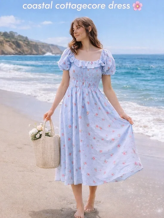 R Vivimos Blue Floral Cottagecore Dress Large 12 14 Milkmaid Puff Sleeve Smocked - Picture 7 of 9